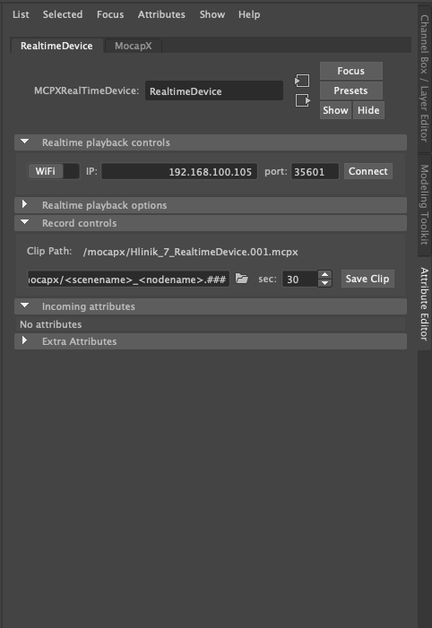 MocapX Realtime Device node in Maya